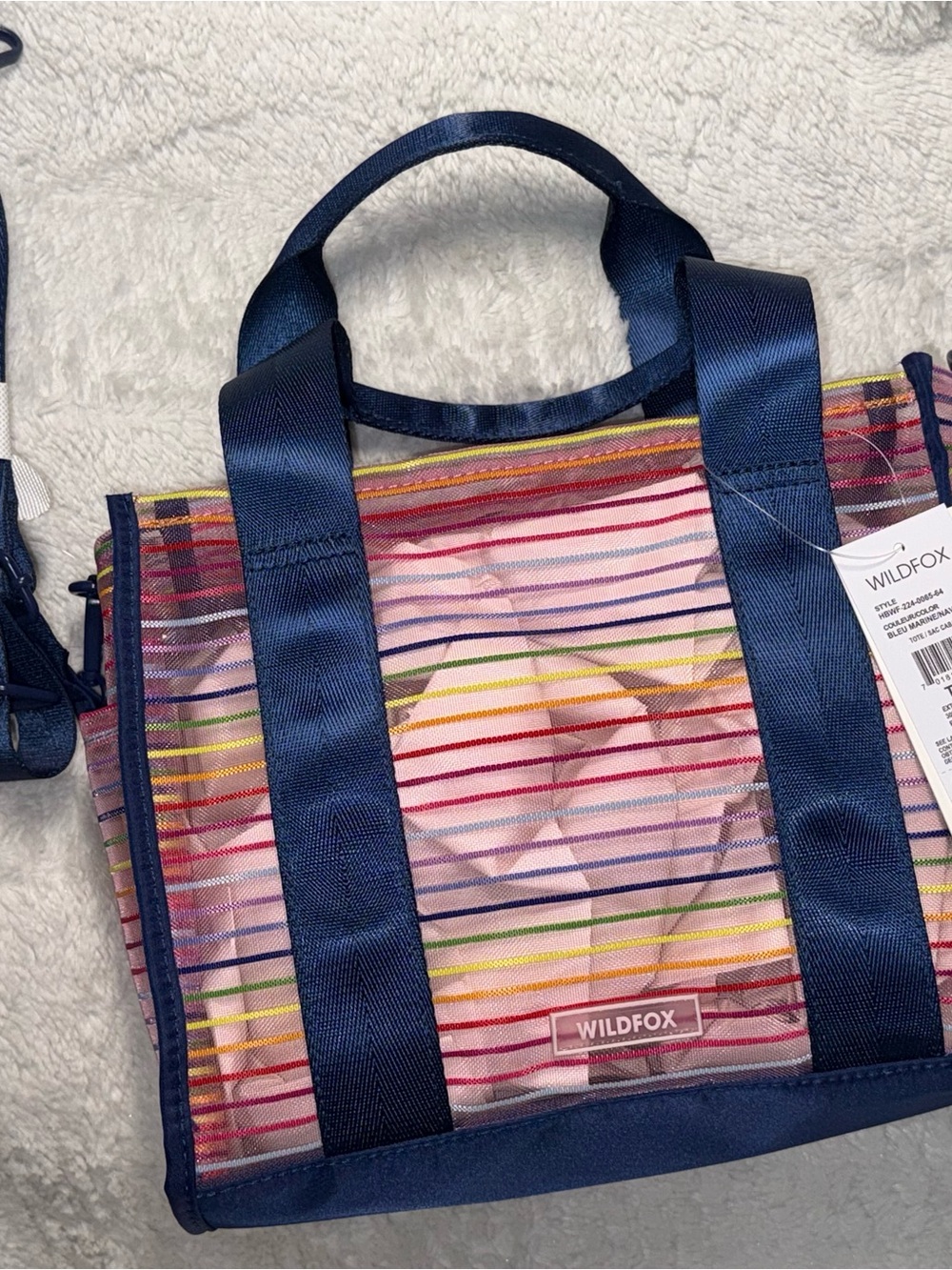 NWT Wildfox Rainbow Striped Mesh Tote Bag & Navy Blue Handles/Trim